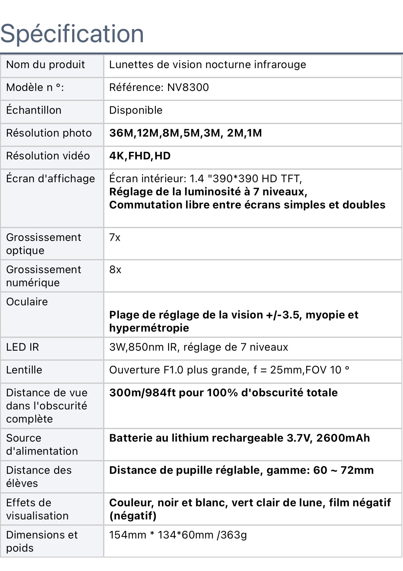 Jumelles de Vision Diurne et Nocturne NV8300, 4K/FHD, Vision 300m, Zoom 7X Optique, Écran HD 1.4", Batterie 2600mAh.