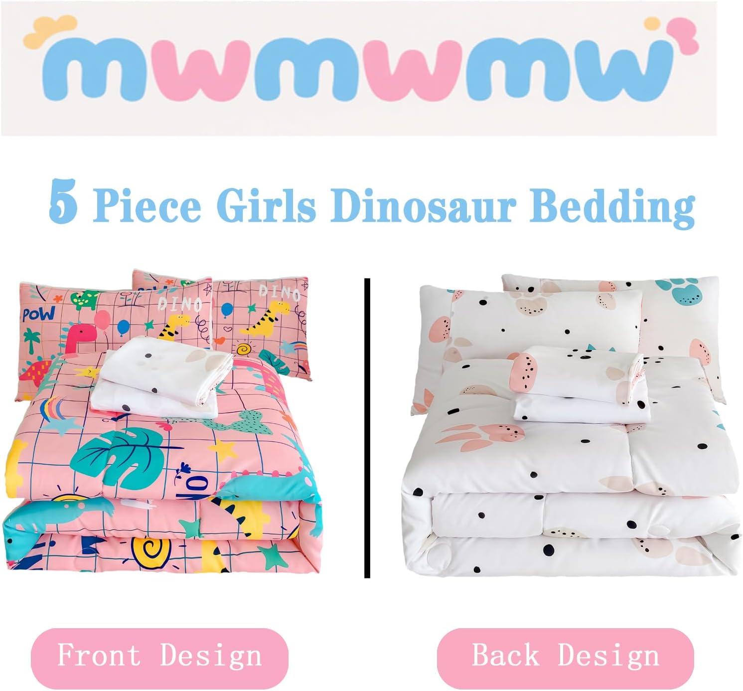 MWMWMW 5 Piece Pink Dinosaur Girls Comforter Set Full, Kids Comforter Sets for Girls, Bed in a Bag Full for Teens Kids Bedroom with 1 Comforter, 1 Flat Sheet, 1 Fitted Sheet and 2 Pillowcases