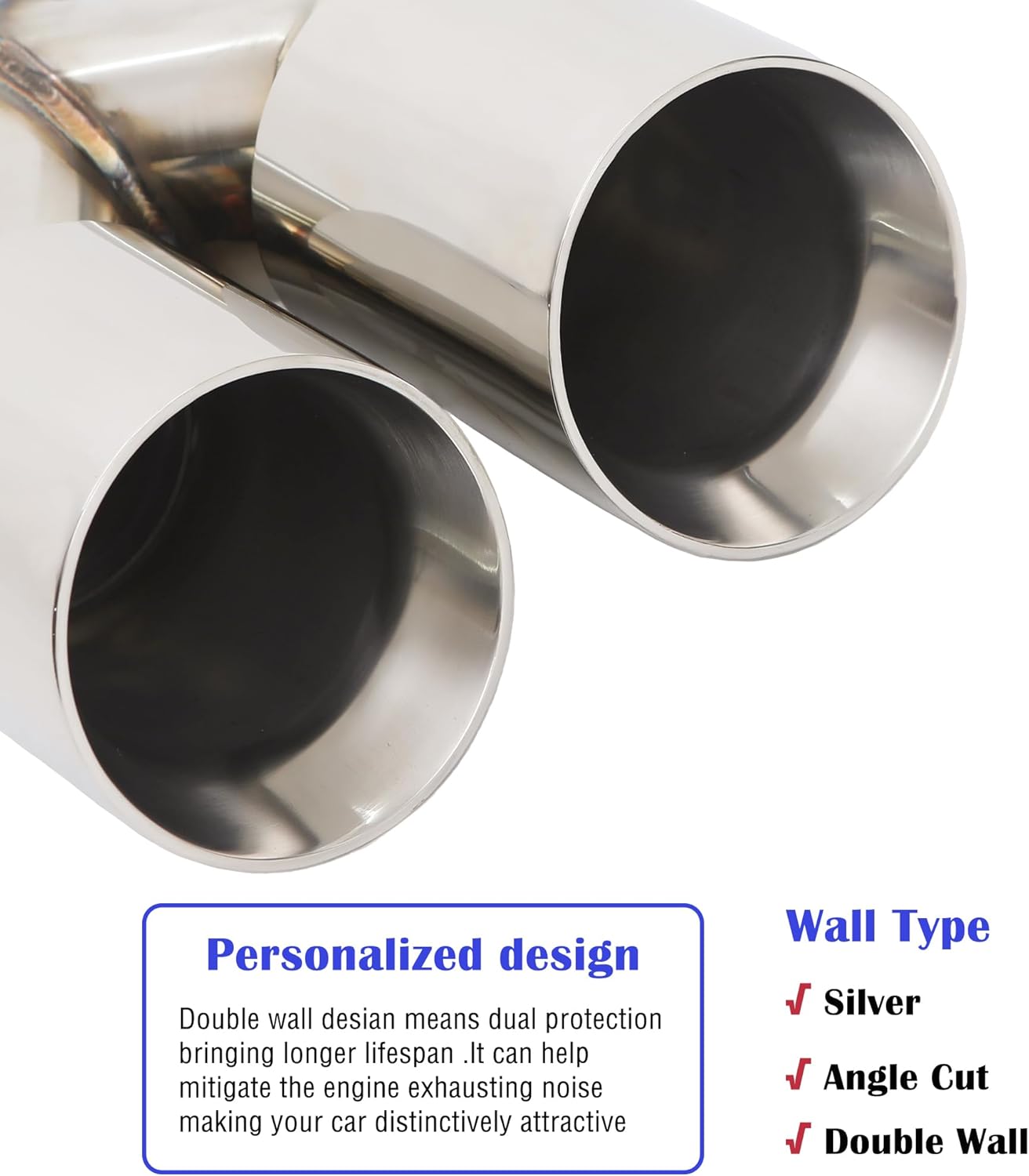 2.5" Dual Exhaust Tip， 2.5 inch Inlet 3.5 inch Outlet 9.5 inch Overall Length Stainless Steel Double Wall Angle Cut Exhaust Tip with Clamp,2-Packs(Left and Right)