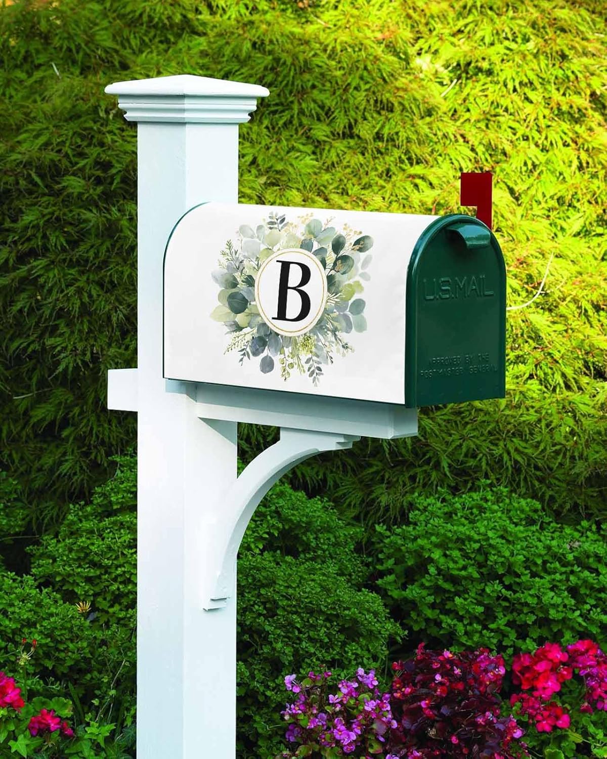 Monogrammed B Mailbox Covers Magnetic Standard Size, Decorative Post Letter Numbers Box Wrap Decoration Covers Small Accessories for Garden Yard Outdoor Décor, Personalized Green Eucalyptus Leaves