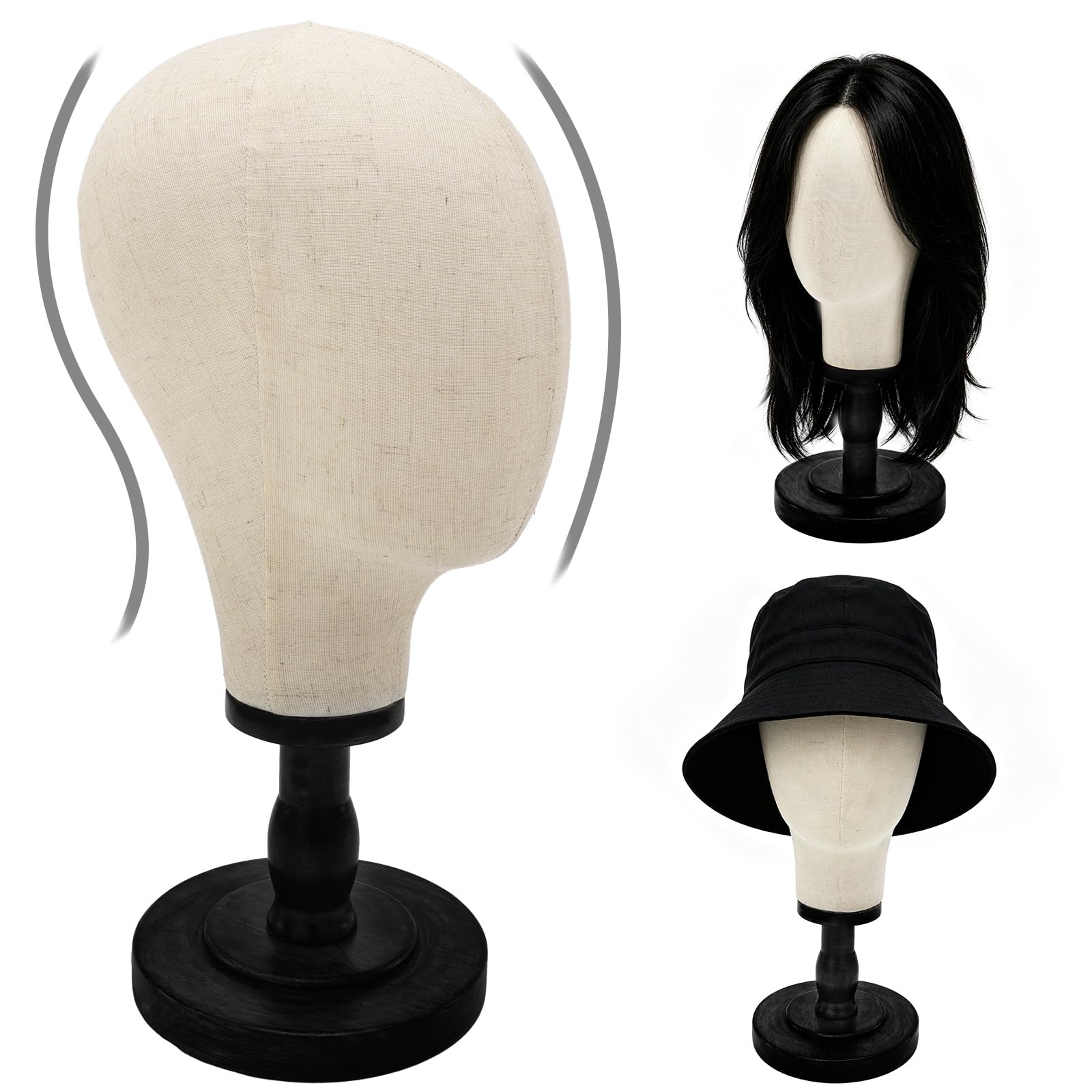 Support pour perruque, tête de mannequin de 55,9 cm avec base en bois amovible, support de tête en toile pour coiffure, bijoux, lunettes, bandeau, support de perruque pour perruques, chapeaux
