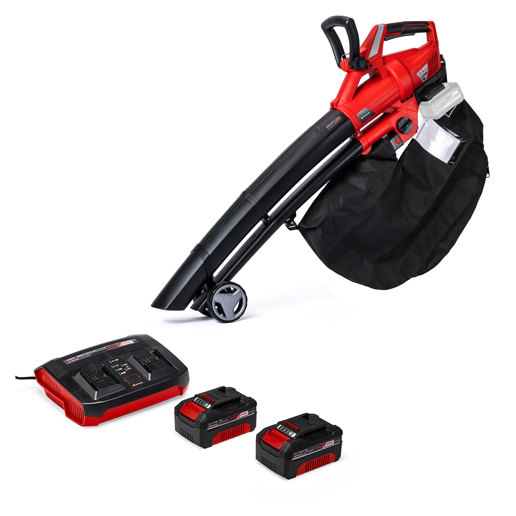 Einhell Laubsauger Laubbläser GE-CL 36 Li E Power X-Change (Lithium-Ionen, 2x18 V, 210 km/h Luftgeschwindigkeit, bürstenloser Motor,45 l-Fangsack, Tragegurt, inkl. 2x 4,0 Ah Akku und Twincharger)