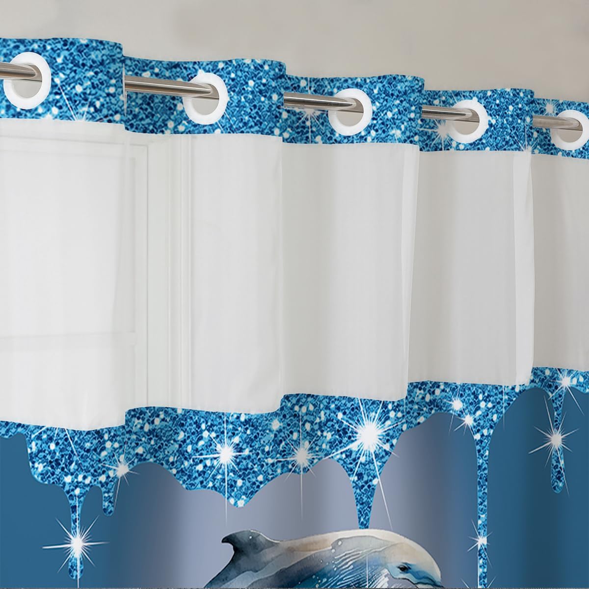 No Hook Diamond Dolphin Shower Curtain with Snap in Fabric Liner Set, Luxury Modern Hotel Style, See Through Mesh Top Window, 74" L x 71" W