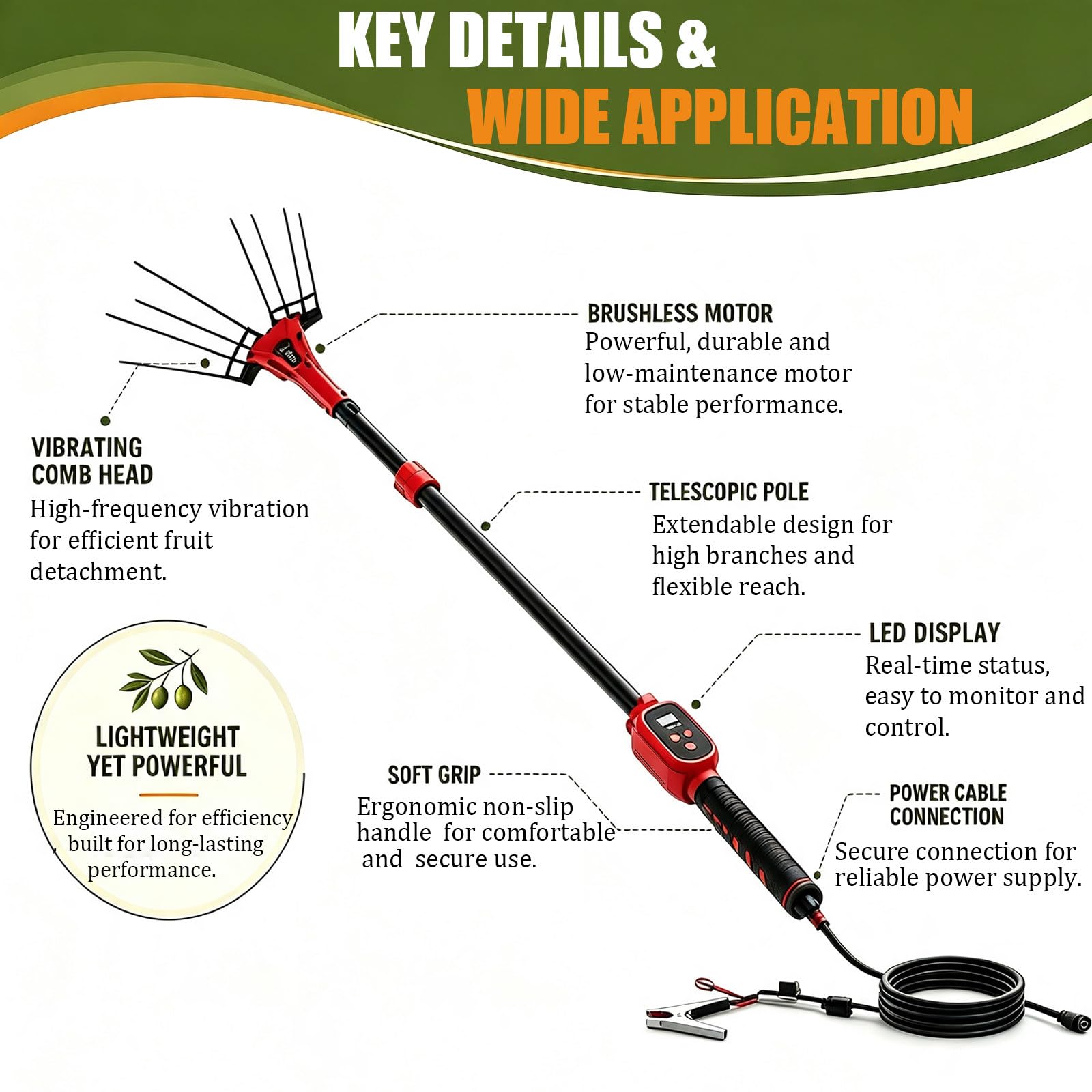 Raccoglitore di Olive Elettrico Senza Fili, Asta Raccoglitrice con Batteria, Rastrello per Chicchi di caffè, Raccolta Rapida di Olive, 6 velocità, Telescopico 300 Cm 250W