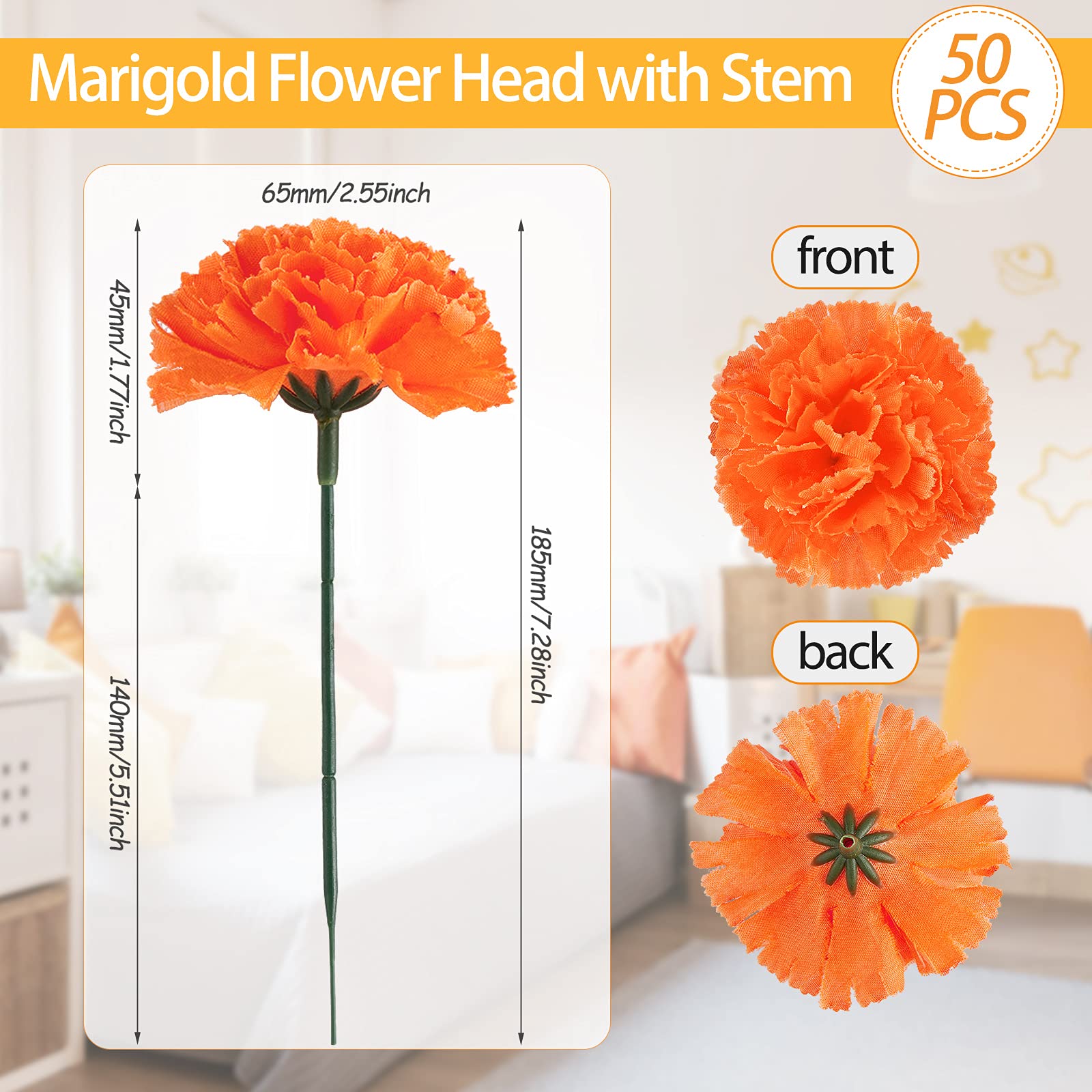 Syhood 50 Pcs Marigold Flower Heads Bulk Mexican Party Decorations Fiesta Supplies Day of The Dead Artificial Flowers with Stems DIY Marigold Garland(Orange, Yellow,2.4 Inch)
