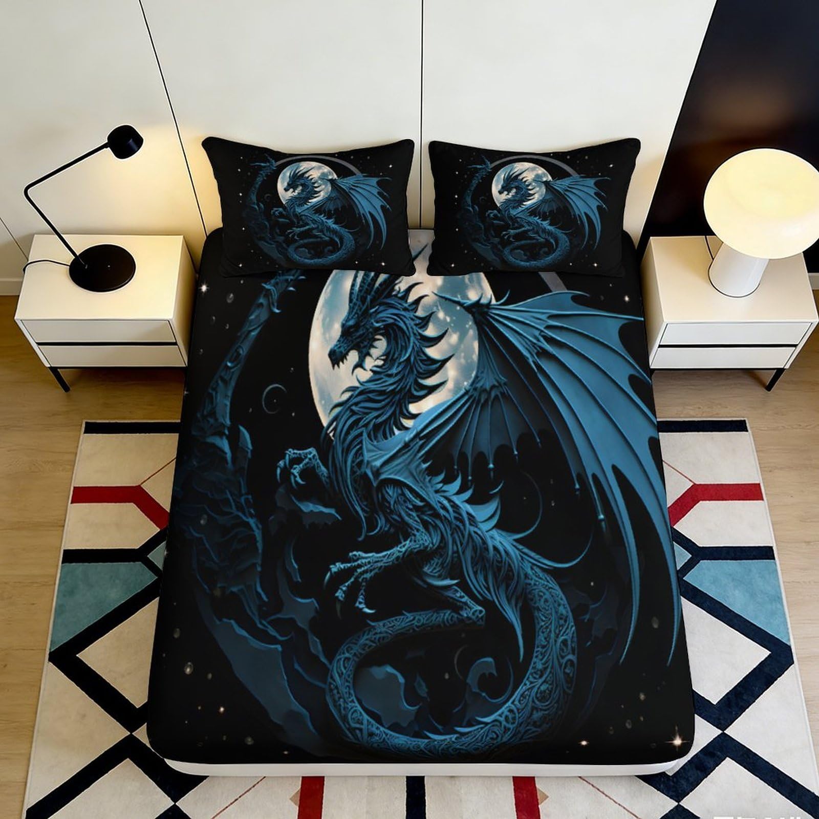 3D Printed Dragon Fitted Sheet, Microfiber Soft Touch Bed Cover, Wrinkle Resistant, Home Decor, Guest Room Bedding, Easy Care, Stylish Black Blue Design, Bedroom Accent, 119 chars 90x200x25cm
