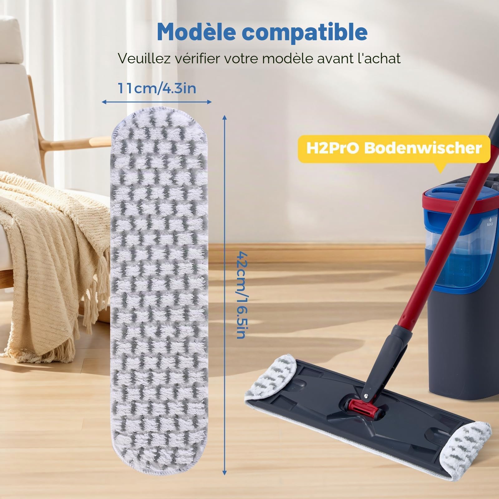 Vileda H2PrO Lot de 5 housses de rechange en microfibre pour balai à franges Vileda H2PrO Flat Mop pour tous les sols durs, lavables et réutilisables (élimine la saleté tenace)