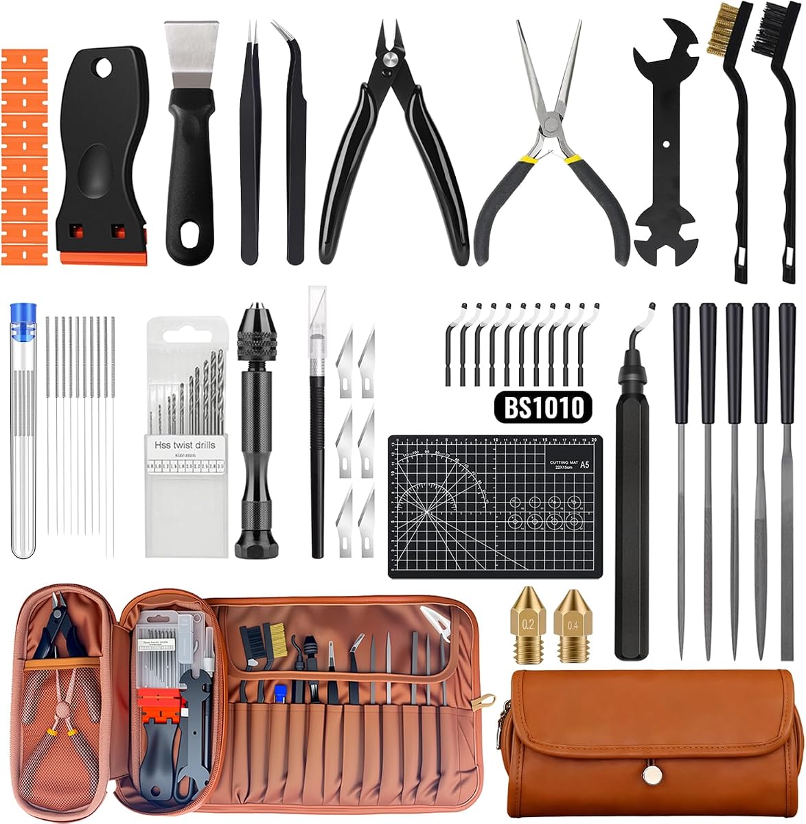 Kit de herramientas para impresora 3D de 66 piezas con estuche de almacenamiento, accesorios todo en uno para impresoras FDM/SLA: herramienta de desbarbado, raspadores, limas de metal, cepillos, taladro manual, pinzas y más, para Bambu Lab, Ender 3, Kobra