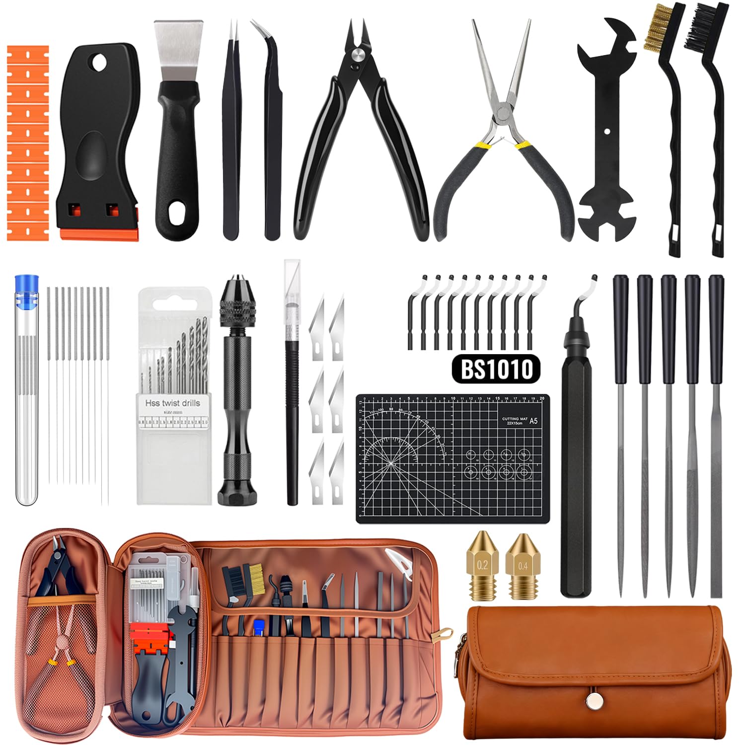66Pcs 3D Printer Tools Kit with Storage Case, All-in-One Accessories for FDM/SLA Printers - Deburring Tool, Scrapers, Metal Files, Brushes, Hand Drill, Tweezers & More, for Bambu Lab, Ender 3, Kobra