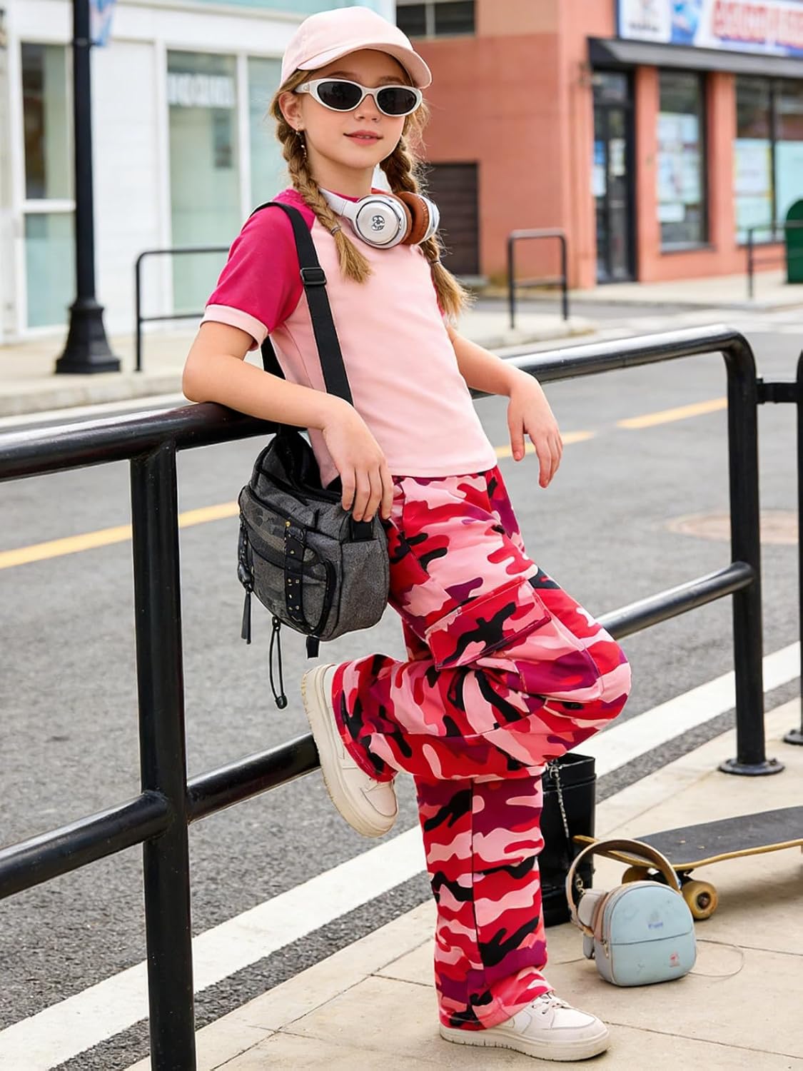 Size 7-14Y Girls Clothes 2 Piece Color Block Top & T-Shirt Cargo Pants Spring Summer Outfits Clothing Sets