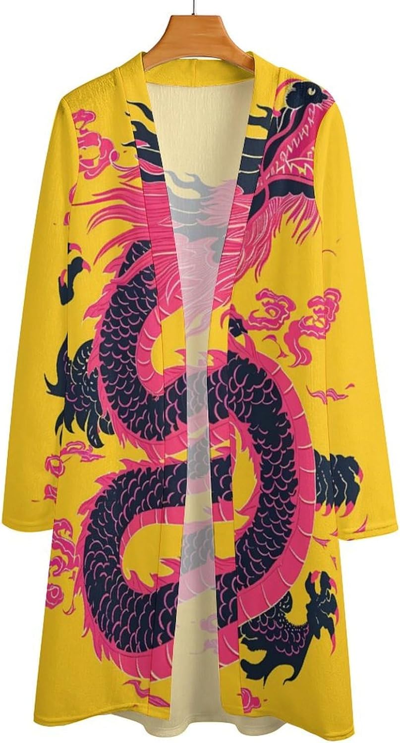 Women's Long Cardigan Dragon Tops Tribal Chinese Style Graphic 2024 Long Sleeve Chiffon Casual Clothes Spring Loong 02 Small image 4 of 4 B0CX4TWH77