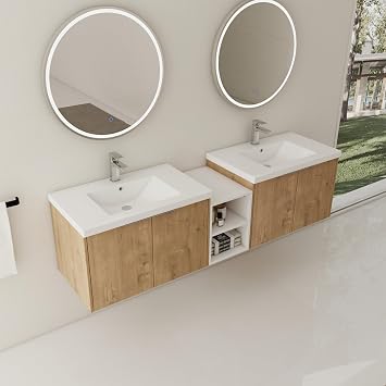72" Double Bathroom Vanity with Top Basin Modern Wall Mounted Bathroom Vanity Set with Double Sink 72-Inch Floating Bath Vanities w/Middle Open Shelf &2 Storage CabinetBrown&White