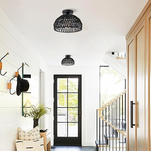 Miniatura 18 de Lámpara de ratán estilo bohemio, lámpara de techo de ratán empotrada, lámpara de techo tejida pequeña de madera, candelabro de ratán