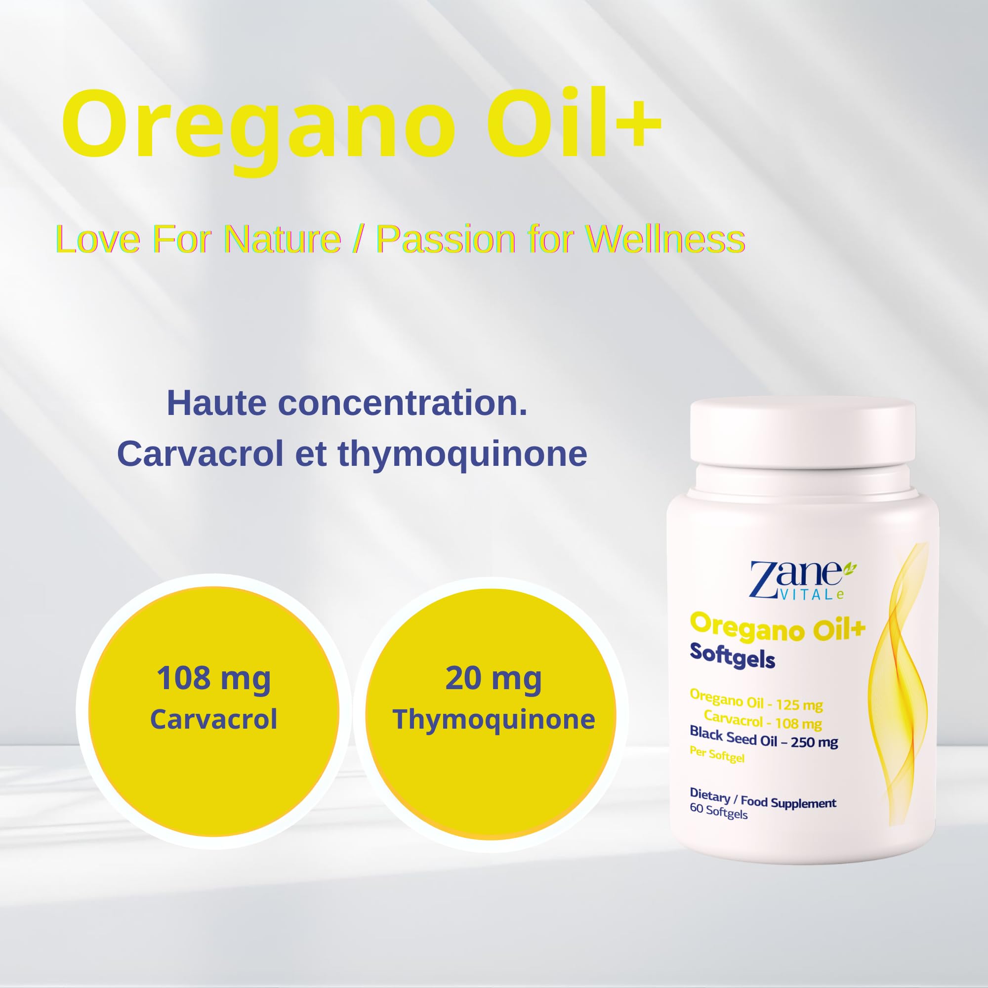 Zane Oregano Oil+ Gélules d'huile d'origan et d'huile de nigelle – avec carvacrol et thymoquinone – Complément alimentaire. Sans OGM, sans gluten – 60 gélules de Zane Vital.