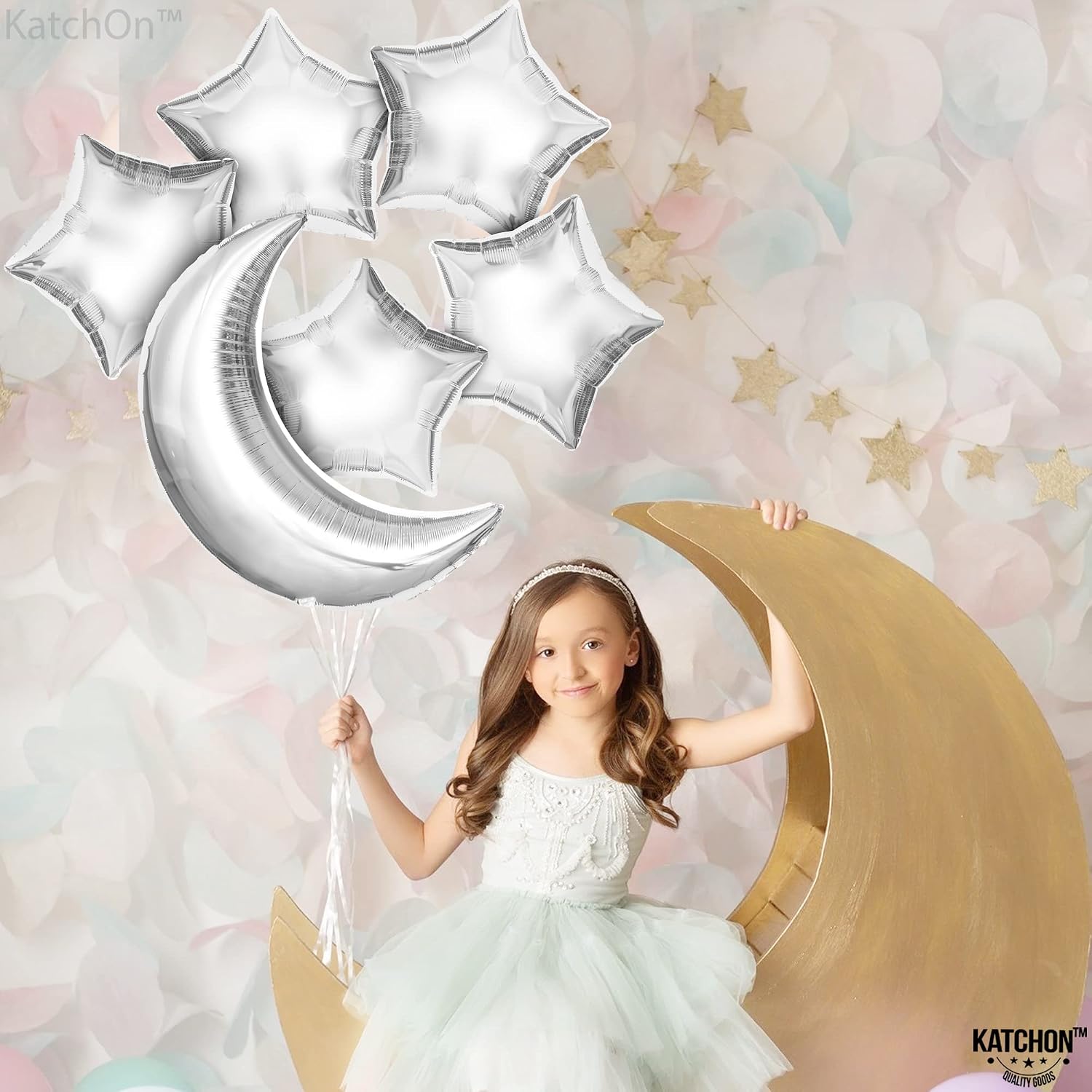 KatchOn, Huge Silver Moon and Star Balloons -22 Inch, Pack of 6, Moon and Stars Balloons for Ramadan Decorations | Silver Stars Balloon for Birthday Decorations, Star Bachelorette Party Decor