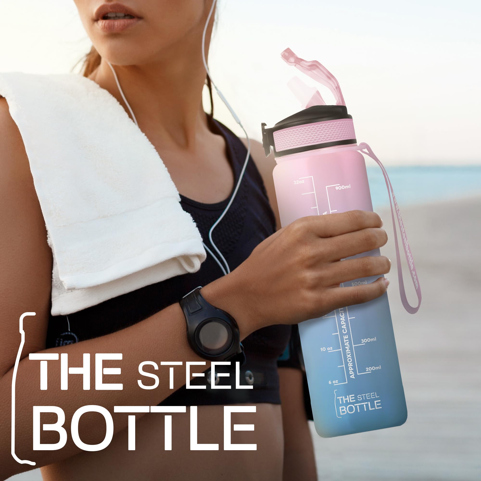 THE STEEL BOTTLE - Botella de agua motivacional deportiva de 1 litro con niveles e indicador de tiempo, pajita y franjas horarias - BPA y Phthalate Free - cierre hermético (Ice Blue & Pink)