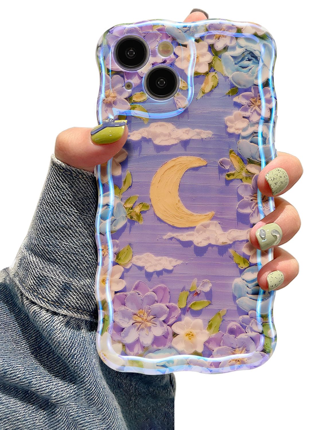 EYZUTAK Case for iPhone 14 Plus/iPhone 15 Plus, Colorful Retro Oil Painting Flower Laser Cute Curly Wave Edge Exquisite Phone Cover Stylish Soft TPU