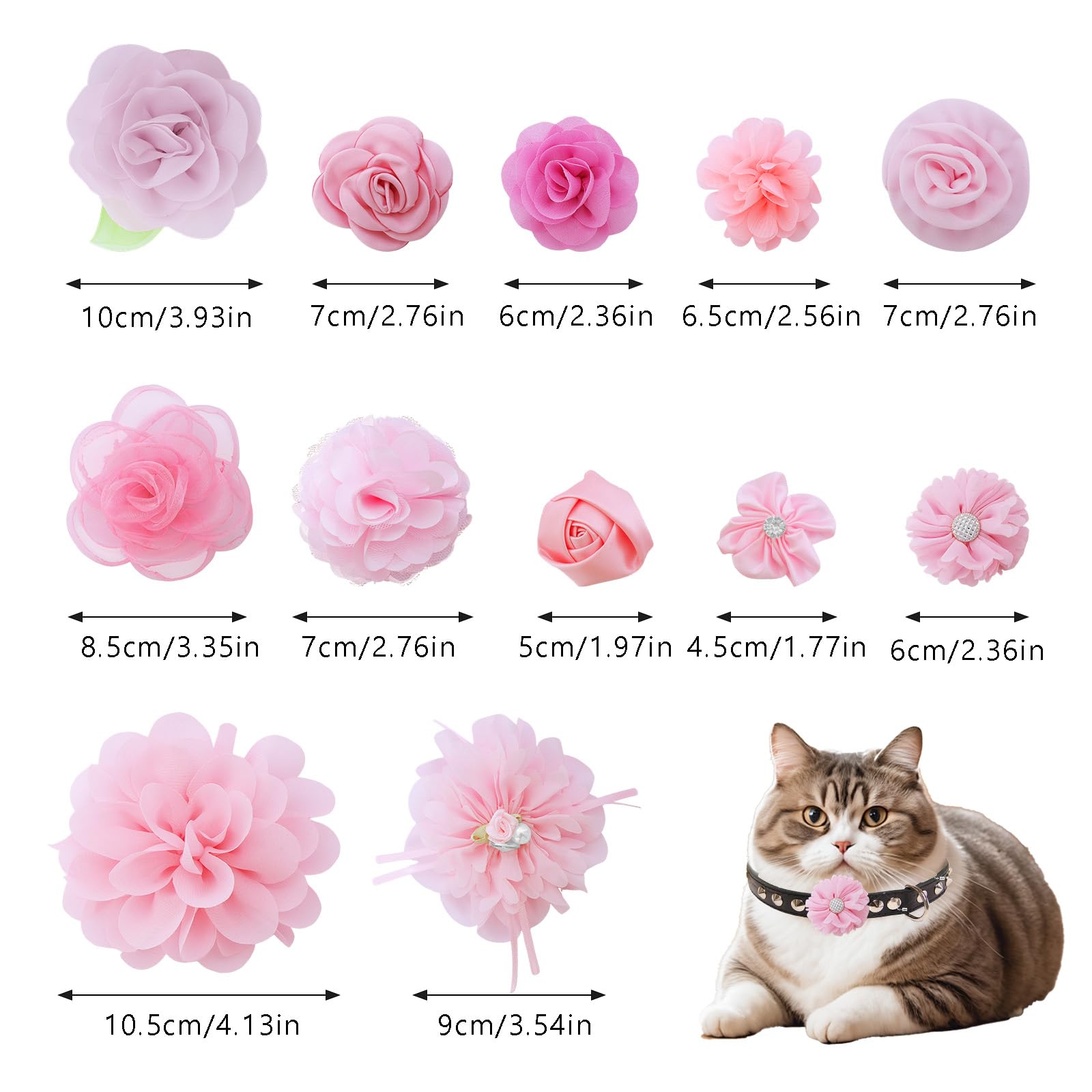 12 Pcs Pink Dog Collar Flowers Cat Collar Flower Attachment Detachable Embellishment with Elastic Rubber Band Soft Chiffon Dog Bow Tie Charms Flower for Female Dogs Wedding Birthday Parties