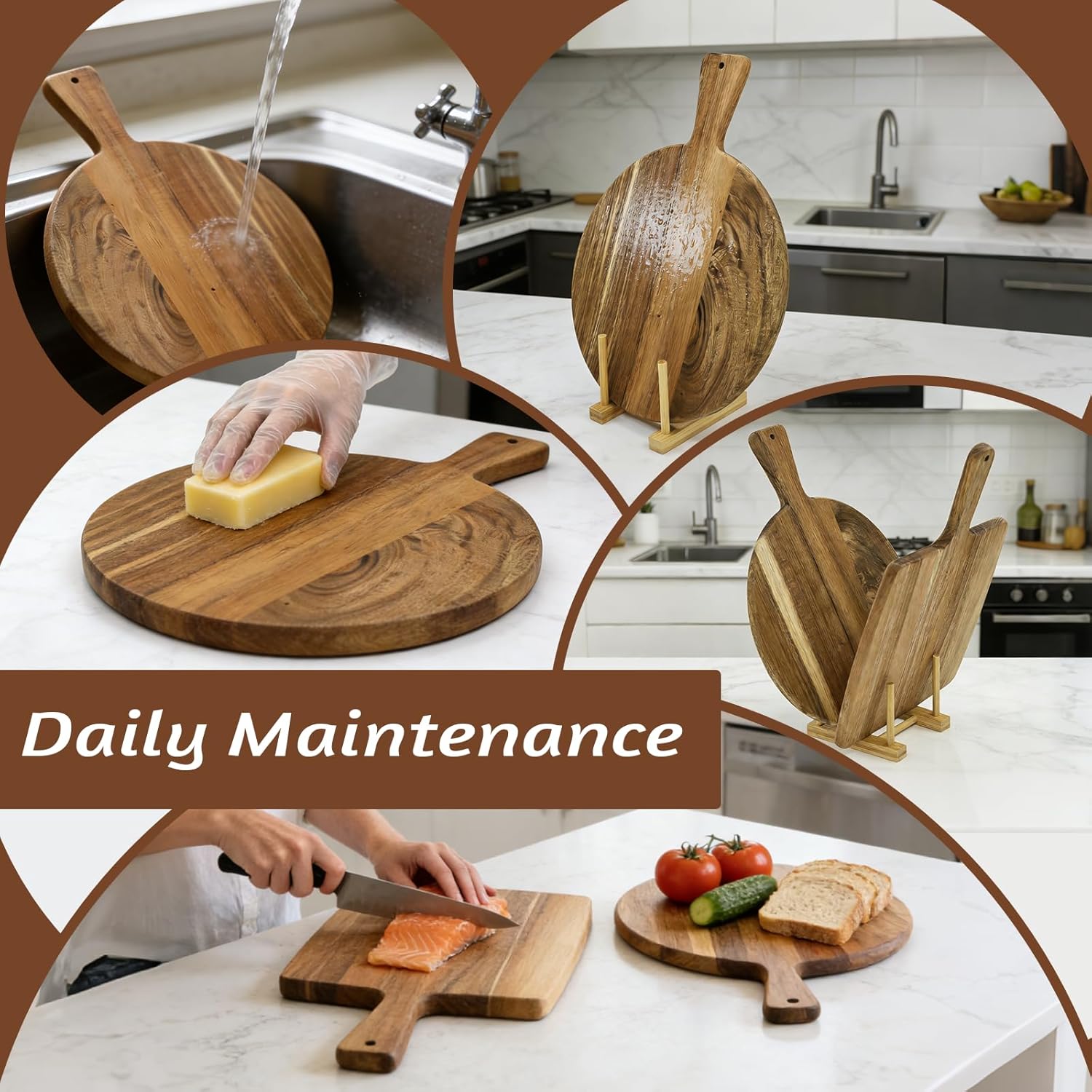 2 Pcs Acacia Wood Cutting Board Set with Stand, Round Cutting Board Kit, Cutting Board with Handle, a Free Stand is Included, Suitable for the Kitchen, Ideal for Serving Cheese, Meats, Pizza