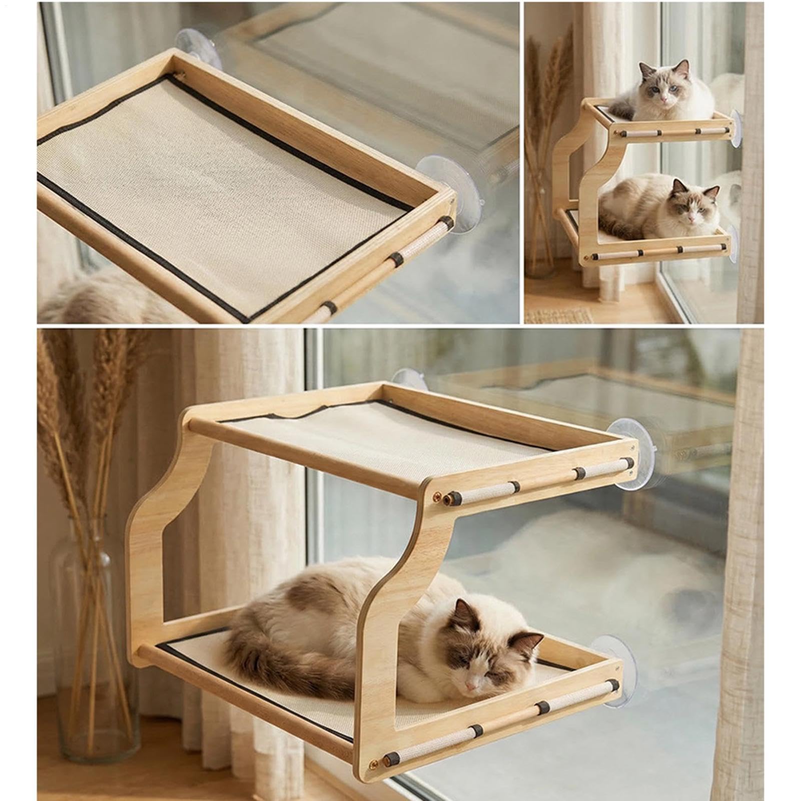Amaca Da Finestra Per Gatti in Legno con Ventose per Animali | Seduta Interna Per Gatti Piccoli Da Finestra Da Arrampicarsi, Prendere Il Sole, Giocare Su Davanzale Interno, E Comodino
