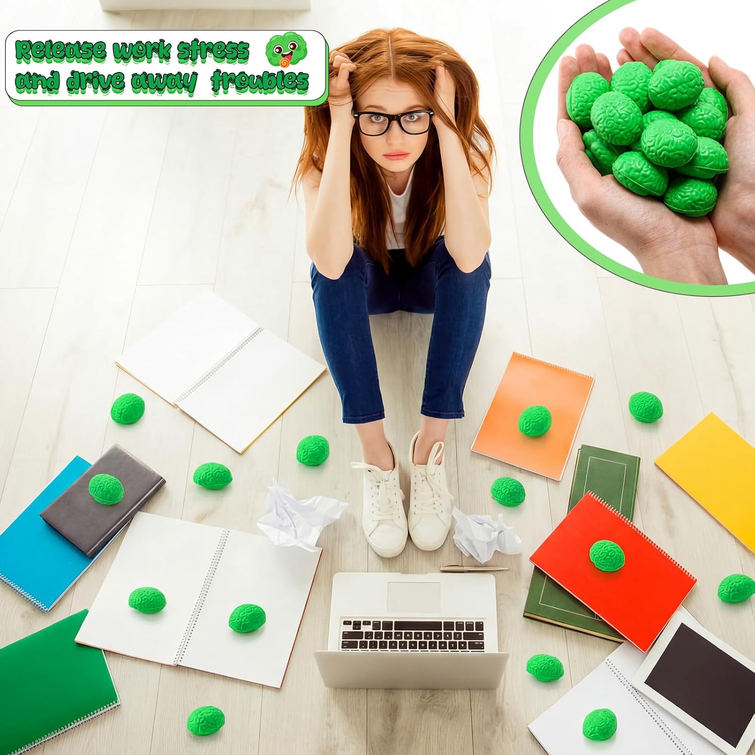 Skylety 100 Pcs Brain Stress Balls Bulk Halloween Funny Toy PU Hand Muscle Exercise Pressure Ball Brain Shaped Toy for Adults Object Recognition Halloween Decoration Prop (Green,Mini)