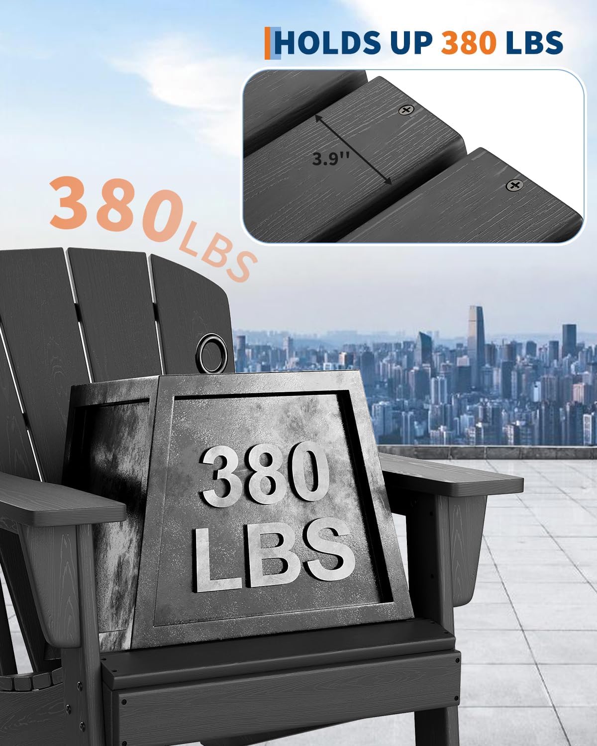Modern HDPE Plastic Adirondack Chair Set of 2 with Side Table - Oversize 380 LB Poly Lumber Weather Resistant Firepit Chair - Outdoor Patio Chairs with Wooden Textured for Deck, Pool, Porch - Black