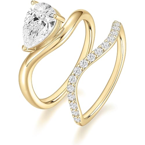 EAMTI 1.5CT Bridal Ring Sets Pear Cut CZ Promise Engagement Rings Curved Wedding Bands for Women Travel Ring Size 4-10