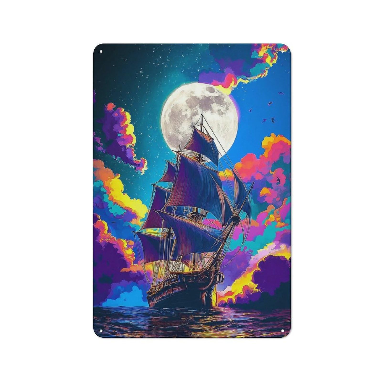 Junmoney Pirate Ship Under Full Moon Tin Sign 30X20cm For Living Room Wall, Rustic Wall Decor, For Living Room Decor Lovers