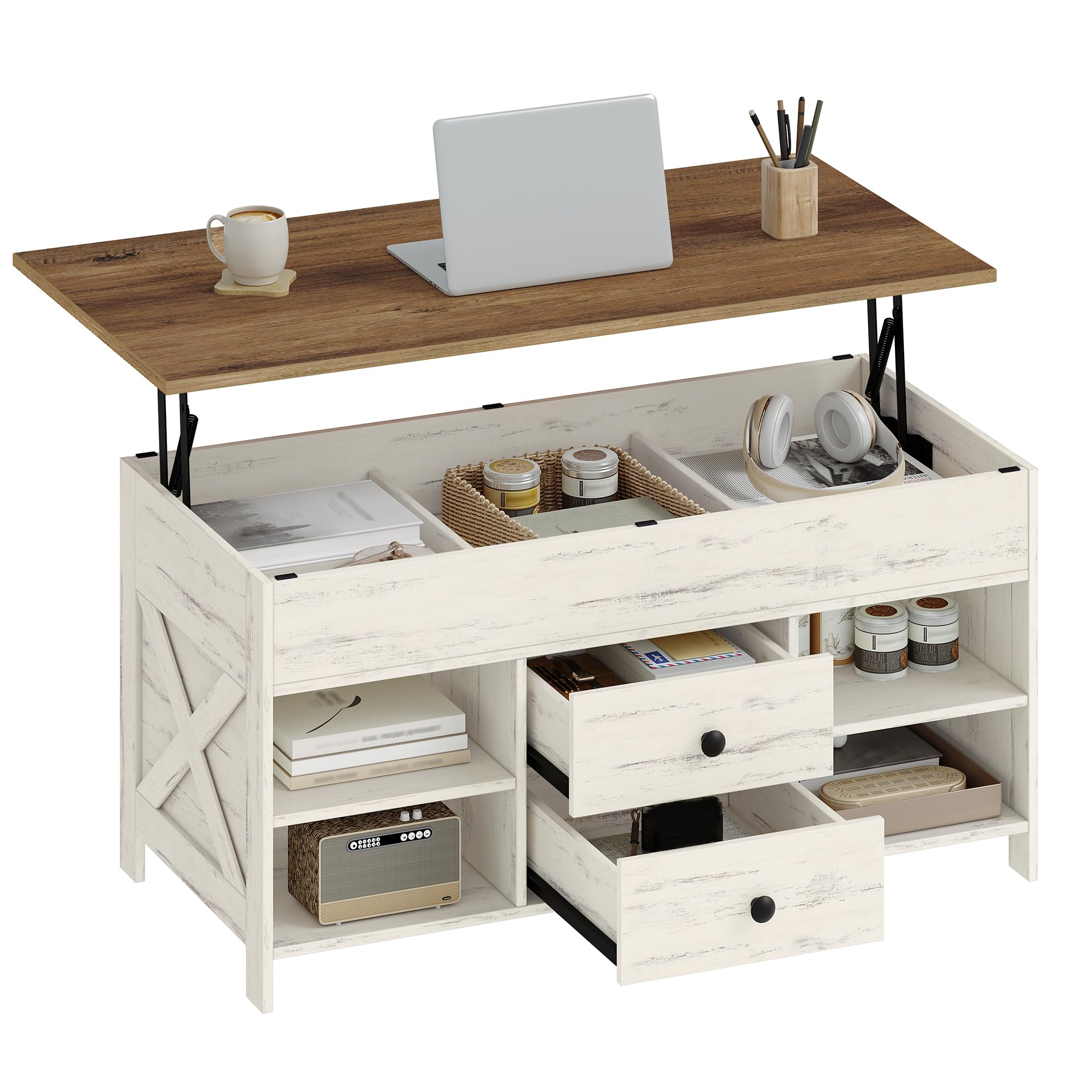 Hzuaneri Mesa de Centro Elevable, Mesa de Salón con 2 Cajones, 3 Compartimentos Ocultos, 4 Compartimentos Abierto, 50 x 100 x 45-61,3 cm, Blanco-Marrón CT22114B
