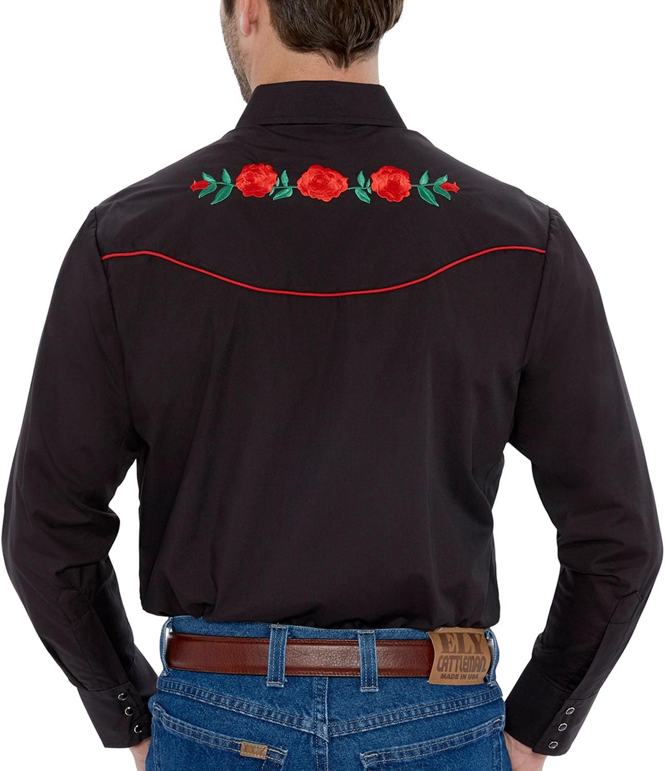 ELY CATTLEMAN Men's Long Sleeve Western Shirt with Rose Embroidery, Black w/Red Rose, L - Image 2