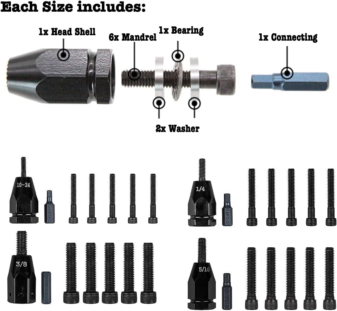 Air Rivet Nut Gun, Rivet Nut Tool Kit, Pneumatic Rivet Nut Tool with 10-24, 1/4, 5/16 & 3/8 Quick-Change Self-Locking Head, Each Size 6 Mandrels, 2X Air Connector