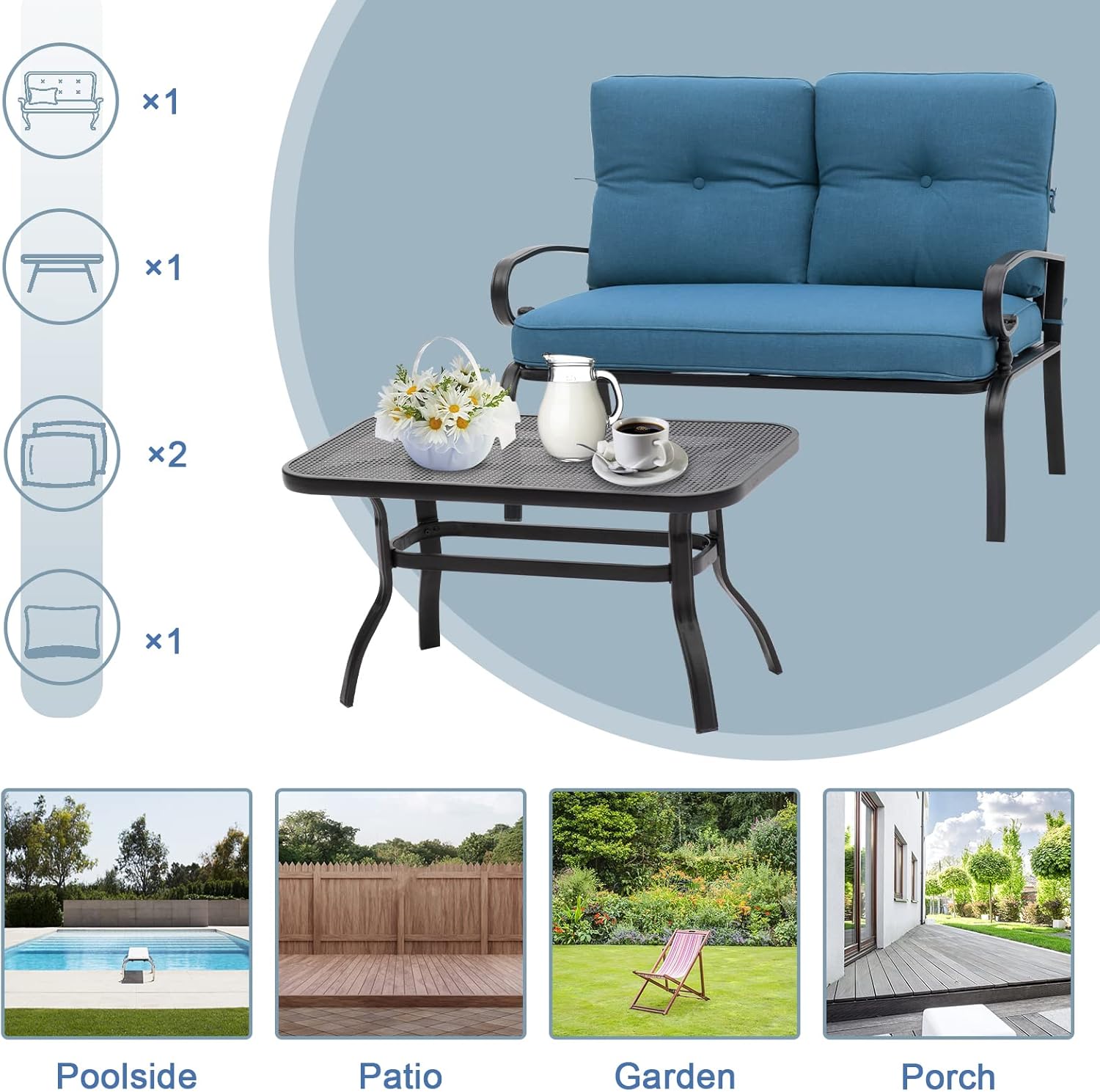 Incbruce Patio Loveseat with Coffee Table - Outdoor Bench with Cushion,2 Piece Wrought Iron Outdoor Loveseat Metal Frame Porch Furniture Set Bench for Patio, Poolside, Garden (Peacock Blue)