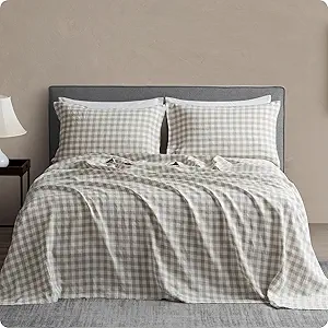 DAPU Pure Linen Sheets Set, Gingham Check Plaid 100% Washed Linen Bedding with Envelope Closure, 4 PCs Hypoallergenic Soft Linen Sheets Set, Geometric Checkered Pattern in Beige & White, Queen Size