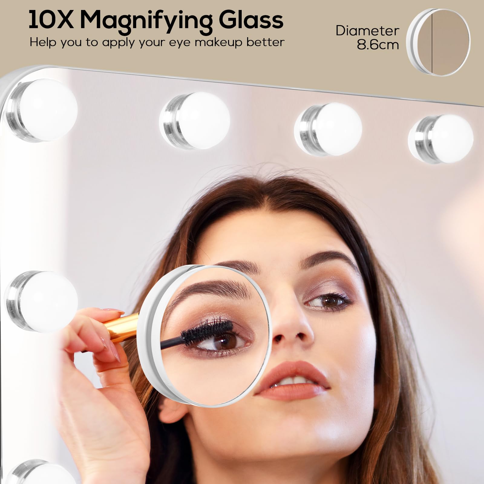 VOWNER Hollywood Miroir de Maquillage avec éclairage, 18 LED à intensité Variable, avec 3 Couleurs de lumière, Touch Control Vanity, avec USB et loupe 10x, pour Chambre à Coucher, Coiffeuse,80x60 cm