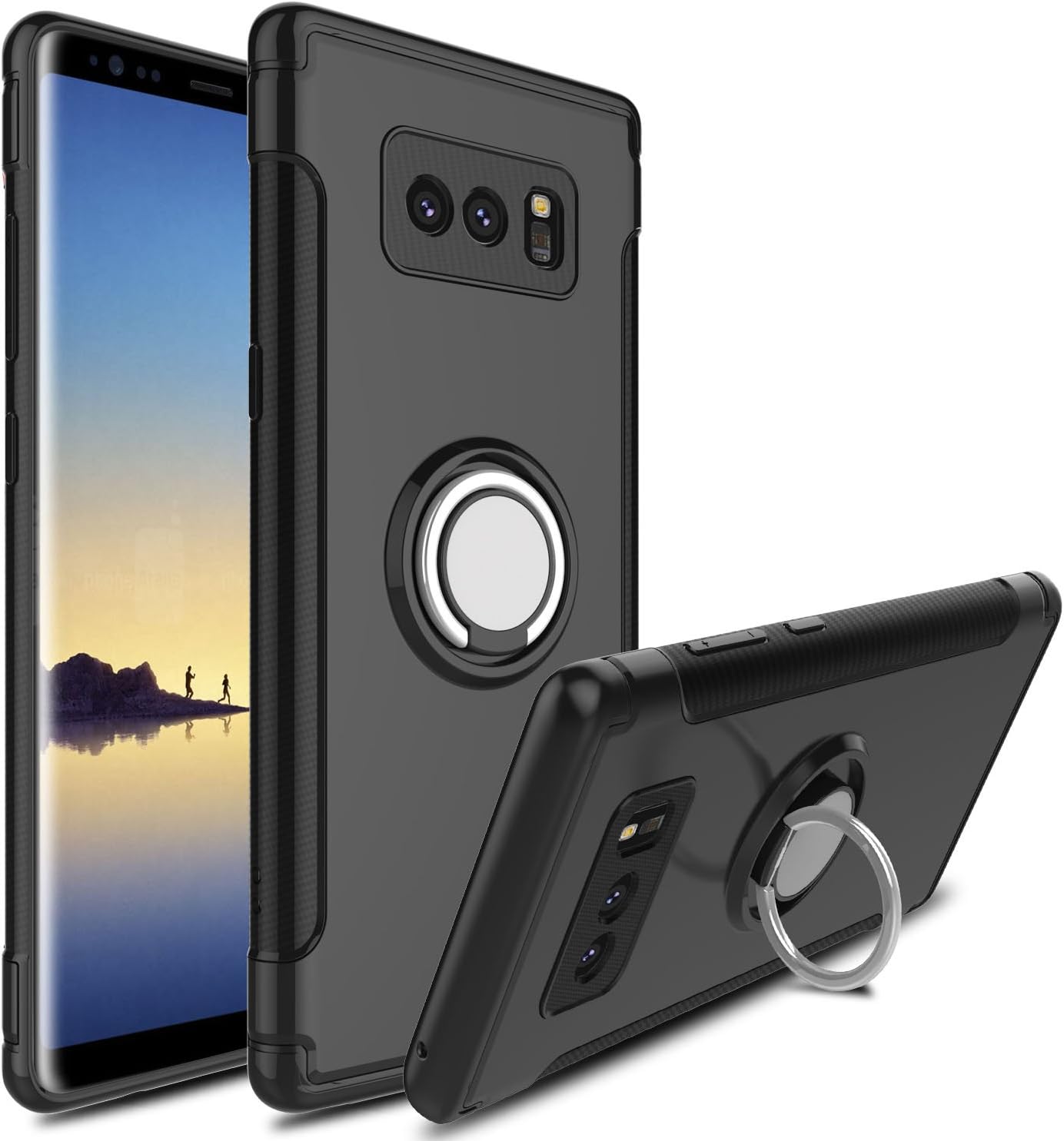 DONWELL Compatible Samsung Galaxy Note 8 Case, Hybrid Dual Layer Shock-Absorption Anti-Scratch Slim 360 Degree Rotation Ring Holder Armor Protective Cover Kickstand Case with Magnetic (Black)