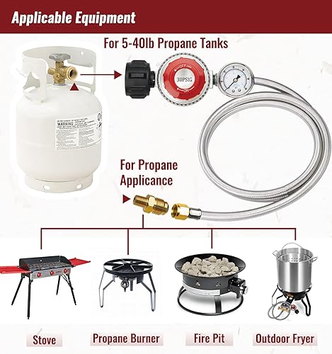 Miniatura 6 de CALPOSE Manguera reguladora de propano de alta presión de 15 pies con medidor, regulador de tanque de propano ajustable de 0  30 PSI, acero