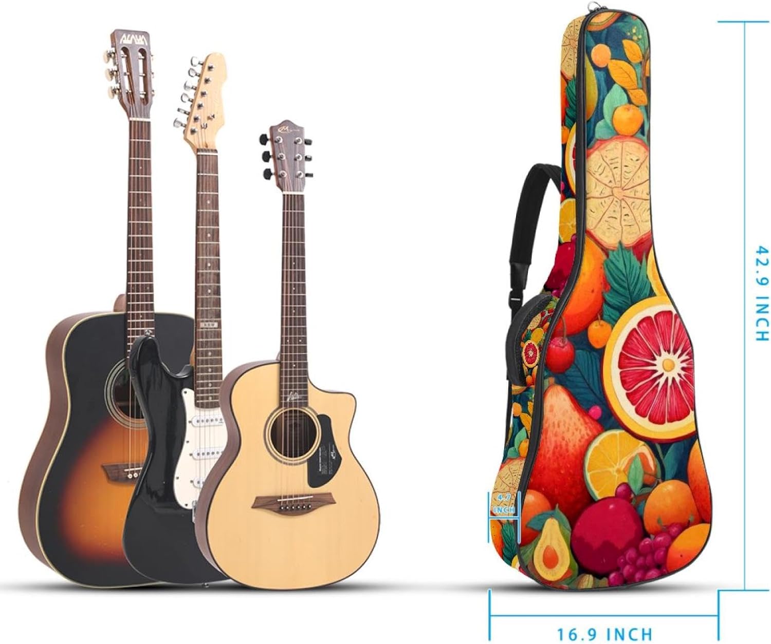 Acoustic Guitar Gig Bag 1 cm Thick Padding, Waterproof Electric Guitar Bag 40-42 Inch Guitar Case Backpack with Dual Shoulder Strap, Art Fruits Pattern