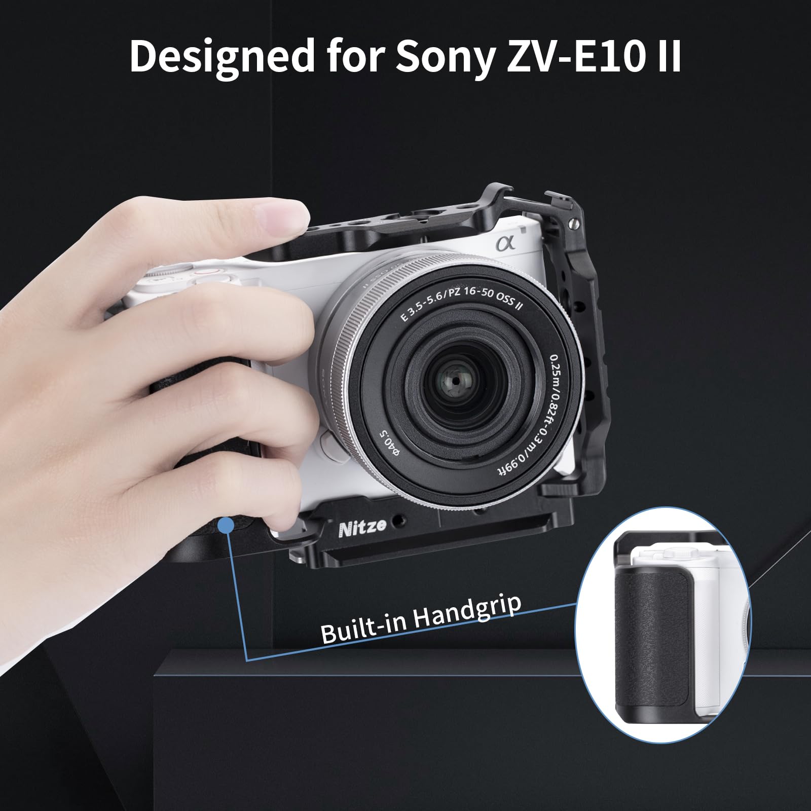 Nitze ZV-E10 II Cage, gabbia per fotocamera Sony ZV-E10 II, con 2 guide NATO integrate, scarpa Cold Shoe, impugnatura ergonomica, piastra a sgancio rapido per Arca-Swiss T-S14A