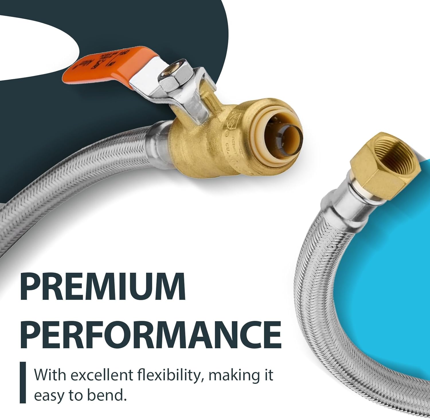 (1 Pack) Seelink 15-Inch Stainless Steel Flexible Heater Hose, 3/4 Inch Push-fit Ball Valve x 3/4 Inch FIP, Push-to-Connect for Copper, PEX, and CPVC
