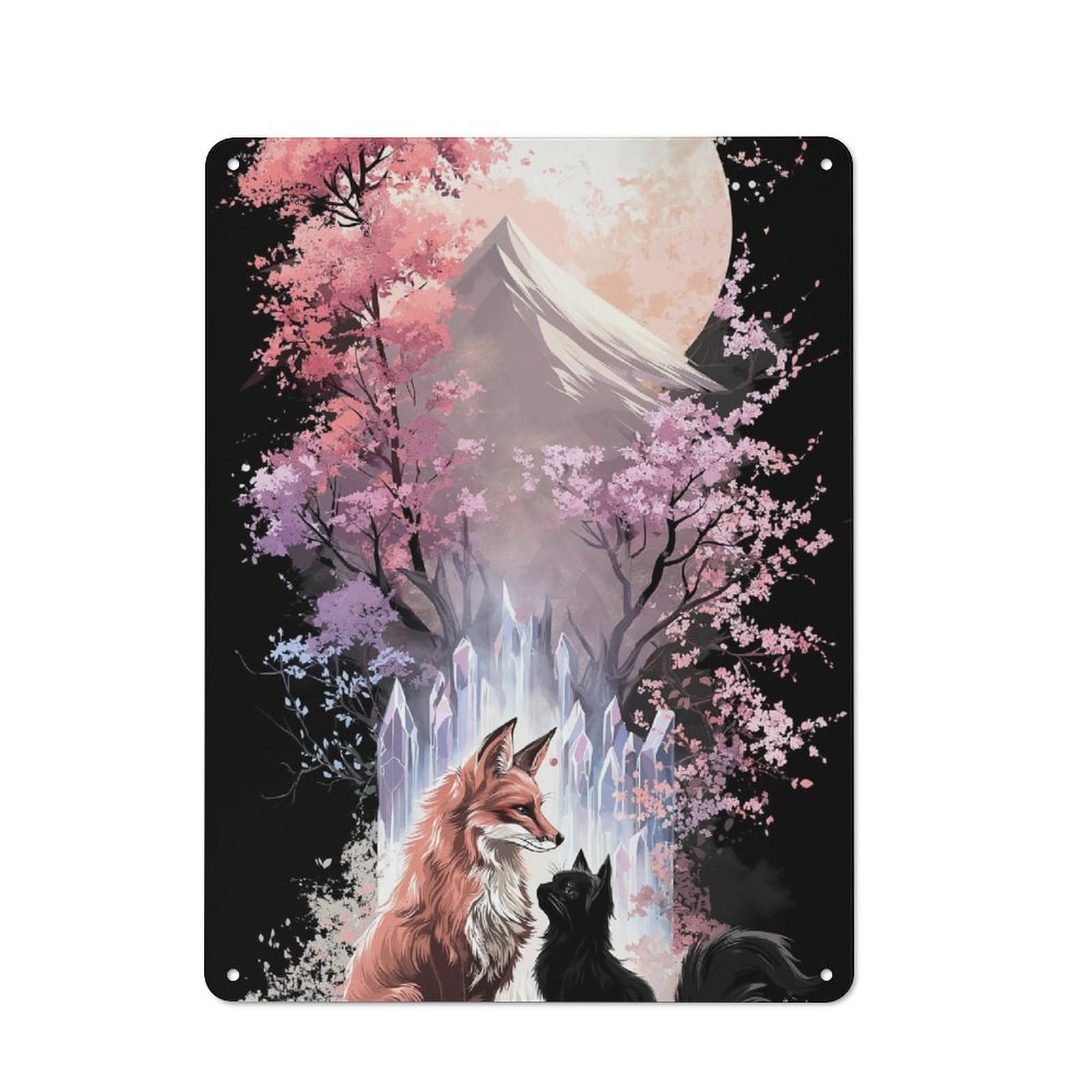 Junmoney Moonlit Fox And Cat Printed Metal Sign 40X30cm For Kitchen Or Home Bar, Housewarming Present For People Styling Kitchen And Home Bar