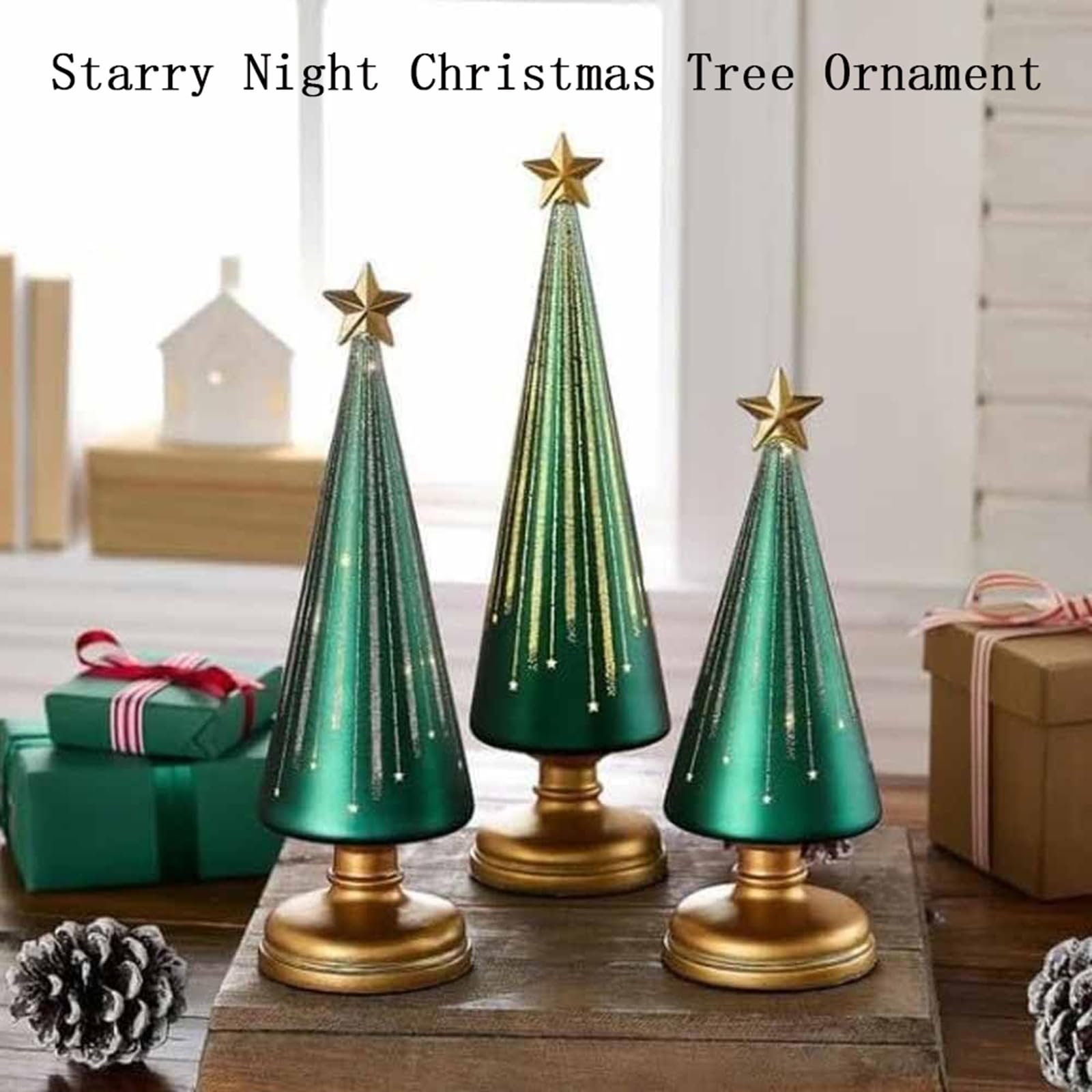 Timer Lighted Sparkling Starry Night Glass Trees,3 Stück Starry Night Bäume,Gradient Glass Weihnachtsbaum Mit LED-Licht,Festliche Lebkuchen-Design Dekoration Für Resin-Weihnachtsanhänger-Black||3pcs