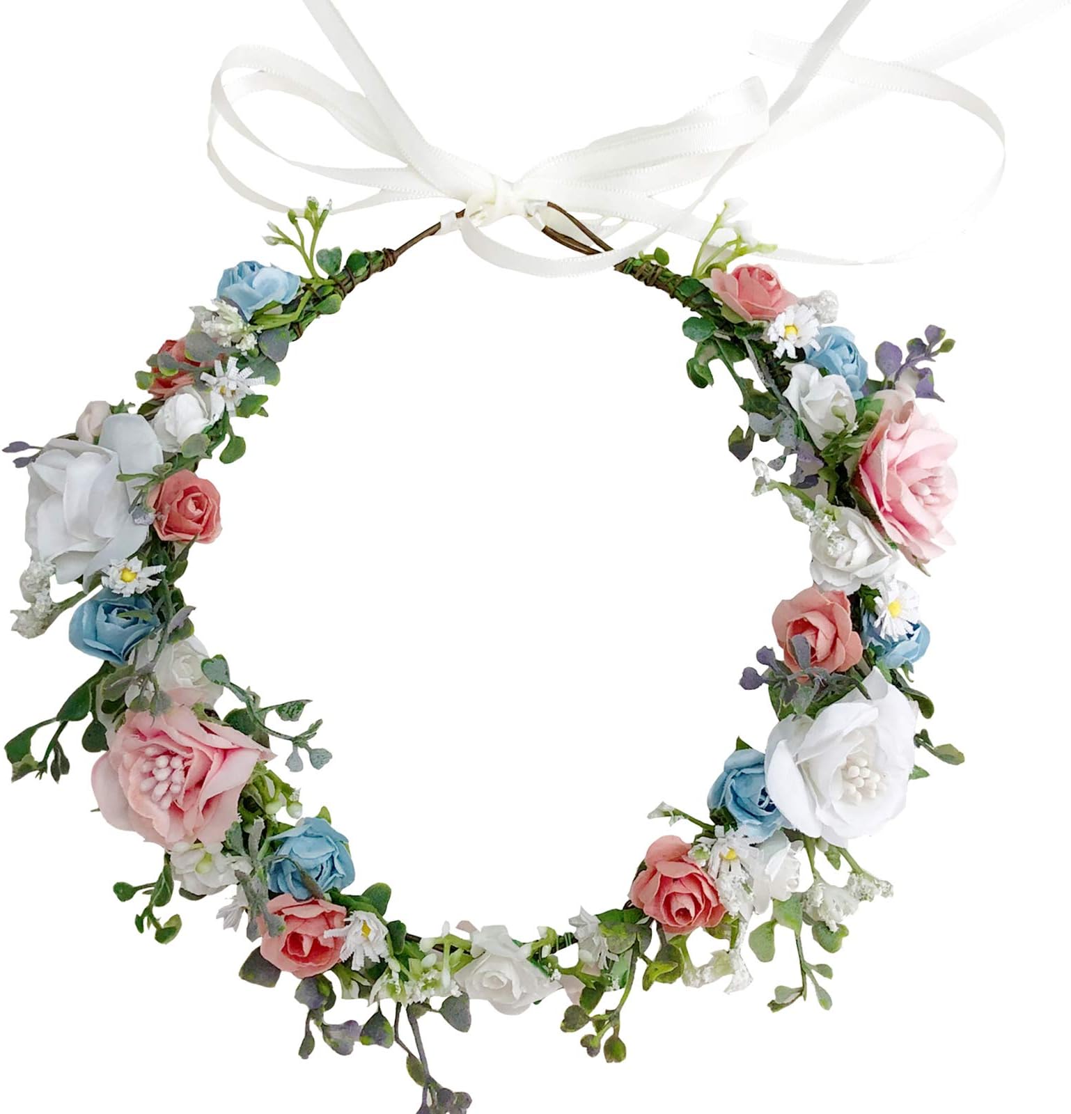 VivivalueAdjustable Flower Headband Floral Garland Crown Halo Headpiece Boho with Ribbon Wedding Festival Party…, U, One size