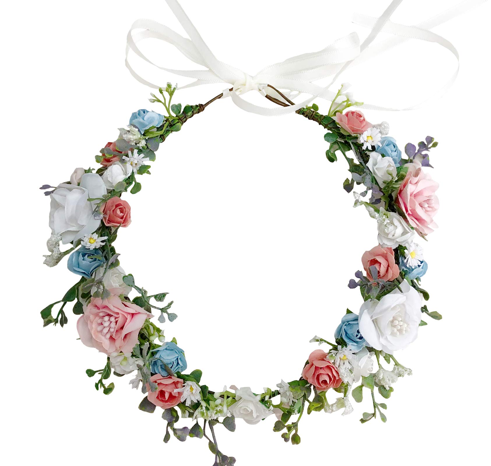 VivivalueAdjustable Flower Headband Floral Garland Crown Halo Headpiece Boho with Ribbon Wedding Festival Party…, U, One size