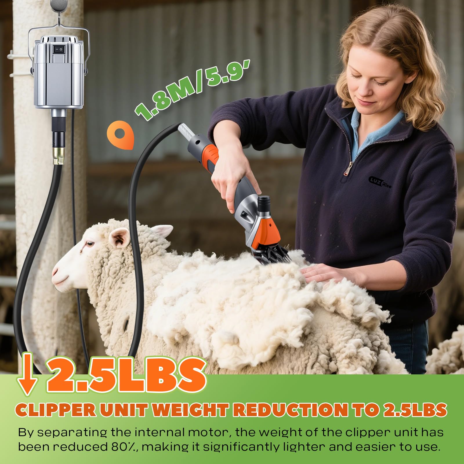 Luzirse - Forbici elettriche a sospensione professionali per pecore, 1000 W, 2800 giri/min, lame in acciaio al carbonio a 13 denti, per pecore, capra, bestiame (arancione)