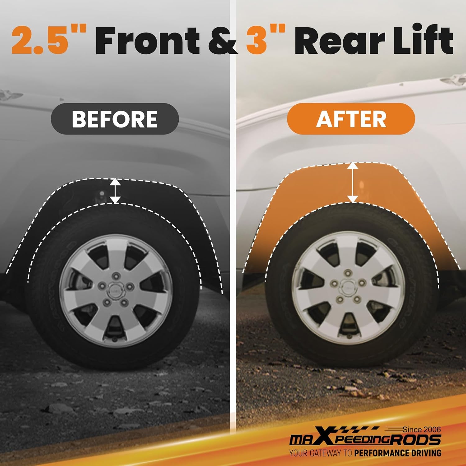 Before and after comparison of a Honda CR-V with the maXpeedingrods lift kit installed