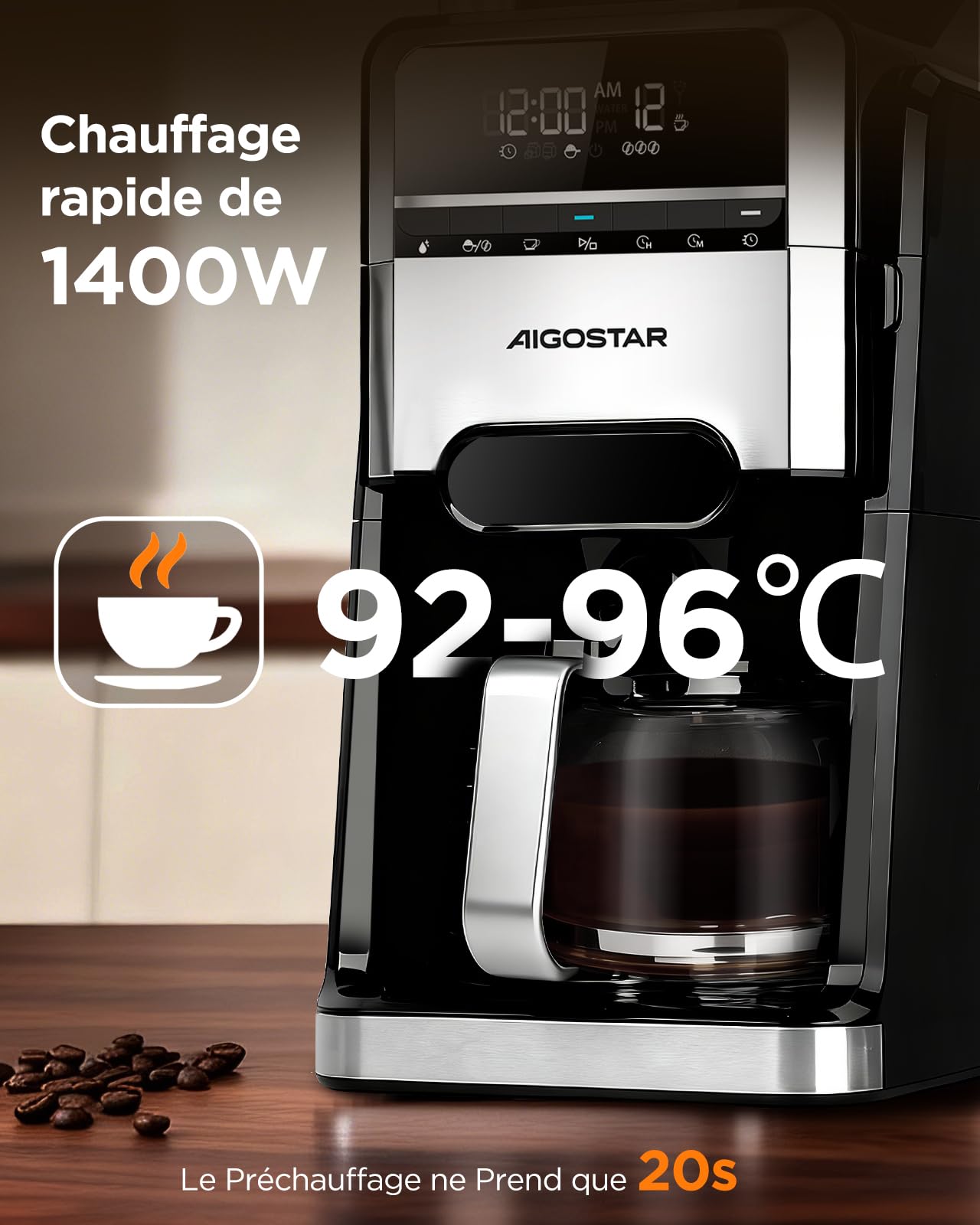 Aigostar Cafetiere a Grain Avec Broyeur Intégré, 1400W Machine a Cafe Grain, 7 Moutures, 3 Intensités, 1,5 L (2-12 Tasses), 24H Cafetière Programmable, Maintien Température, Noir - Personnalisez Café