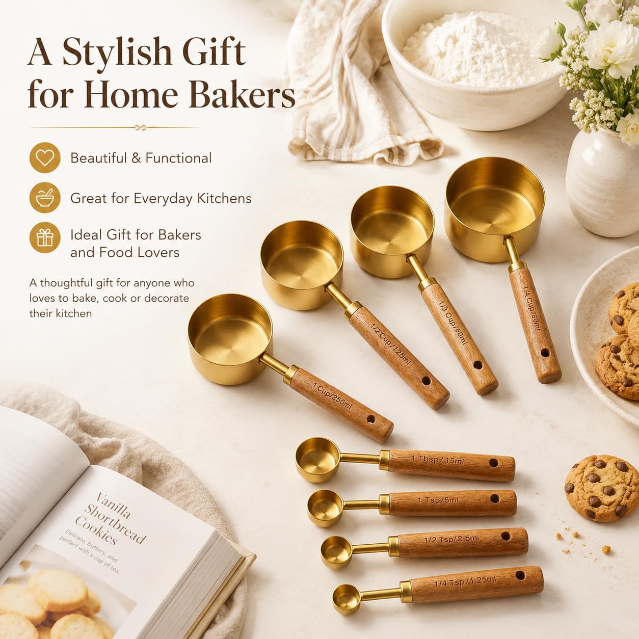 Gold Measuring Cups and Spoons Set, 8-Piece