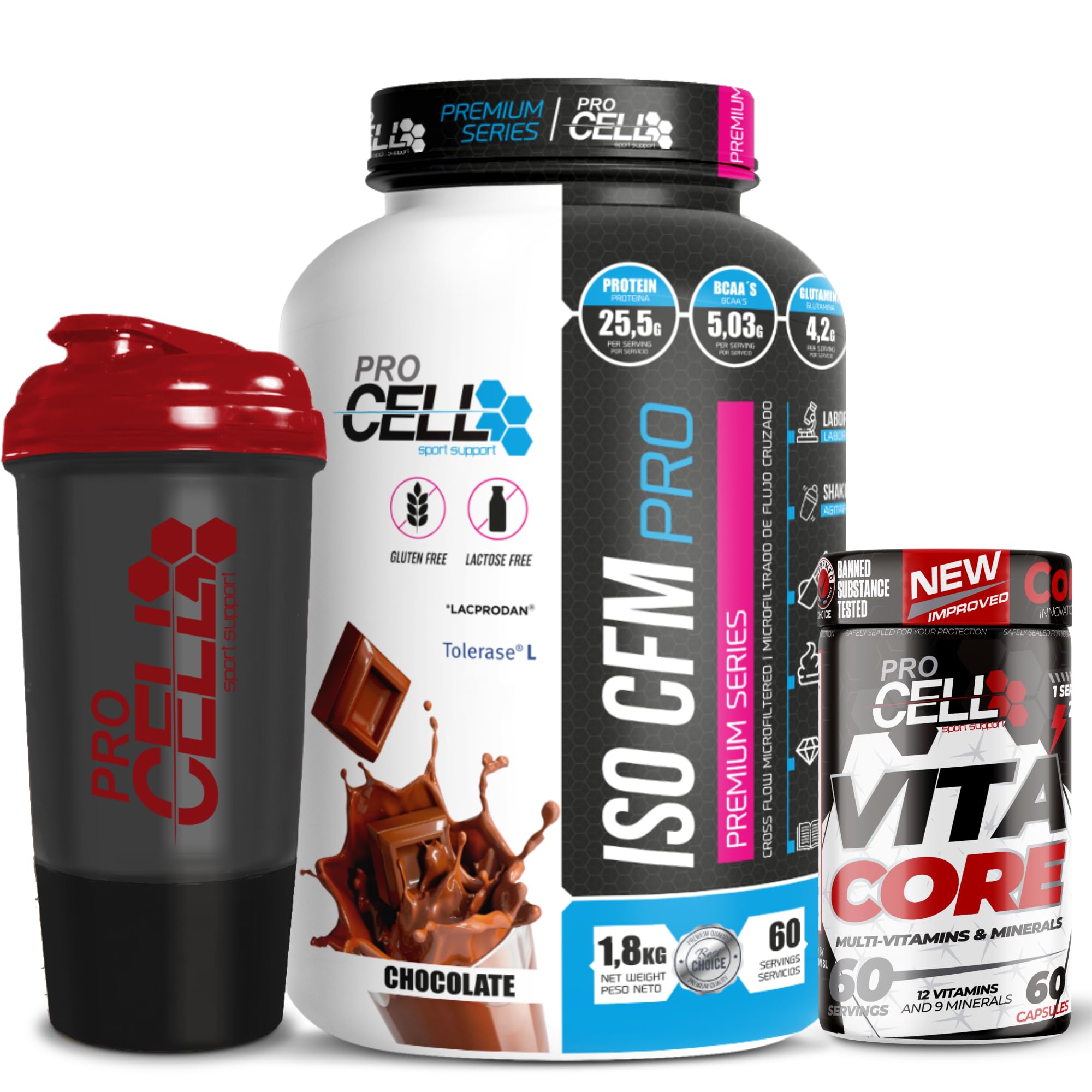 ProCell PACK ISO CFM PRO + VITACORE 60 comp + Shaker REGALO Proteína Aislada Pura (88%) Proteína Isolada Premium Aumentar Masa Muscular | Multivitaminico | (1,8 kg, Chocolate)