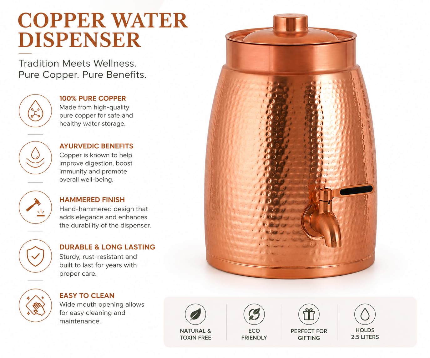 Wasserspender aus reinem Kupfer, mit Reinigungsbürste, Wassertank mit Wasserhahn, Wassertopf mit zusätzlichen gesundheitlichen Vorteilen von Kupfer