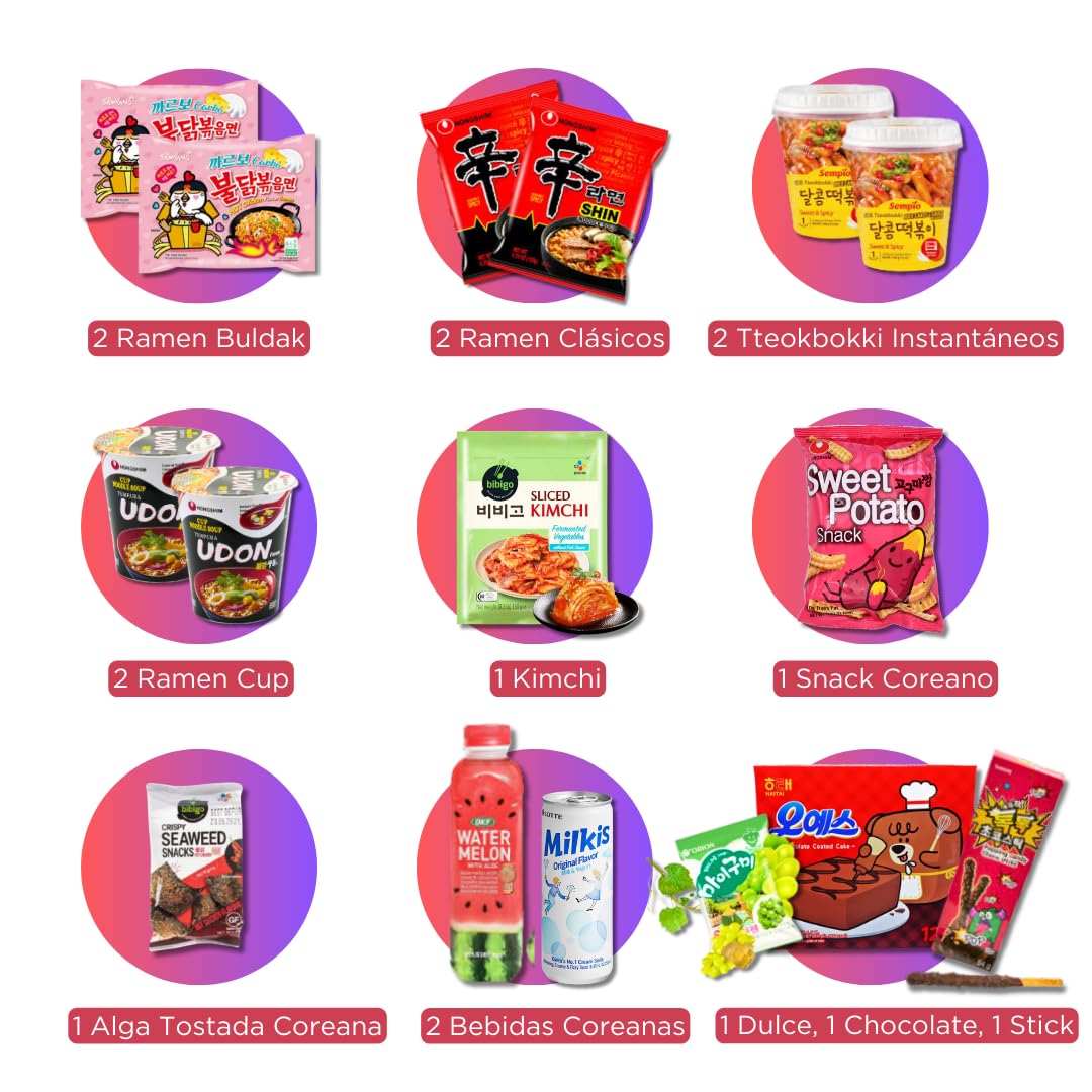 Korean Market | Caja Sorpresa de Comida Coreana (Duo Edition) | Para 2 Personas | Snacks, Ramen, Kimchi, Tteokbokki, Algas, Dulces, Bollería, Sticks de Chocolate y Palillos